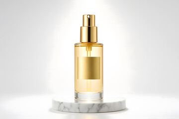 Clear glass bottle with golden spray pump and label on marble pedestal serum cosmetic