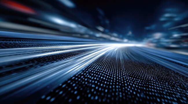 Blurry night cityscape, speeding car light trails on a digital matrix road