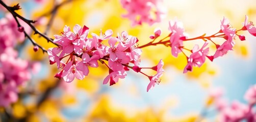 Obraz premium Delicate cherry blossoms in vibrant pink, against a sunny yellow backdrop, artwork, illustration