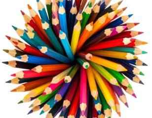 Radial explosion of colorful pencils forming an abstract burst, isolated on transparent background PNG
