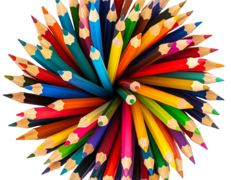 Radial explosion of colorful pencils forming an abstract burst, isolated on transparent background PNG