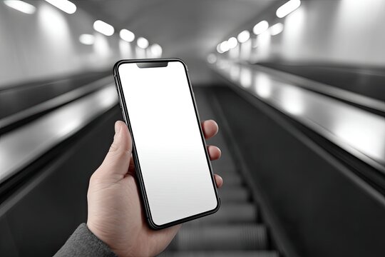 Hand holding smartphone in subway escalator