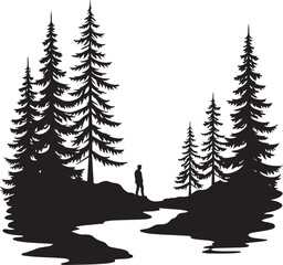 Fototapeta premium Romantic Forest Couple Silhouette SVGWedding Couple in Pine Forest Vector SceneRustic Woodland Love Silhouette Clipart