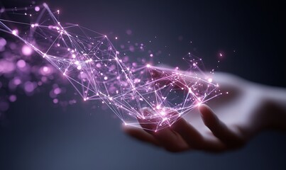 Hand holding a glowing digital technology network and data connection, a futuristic background with a purple color tone for a business concept idea.