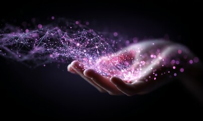 Hand holding a glowing digital technology network and data connection, a futuristic background with a purple color tone for a business concept idea.
