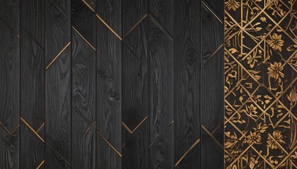 Dark wood paneling with gold accents and floral design