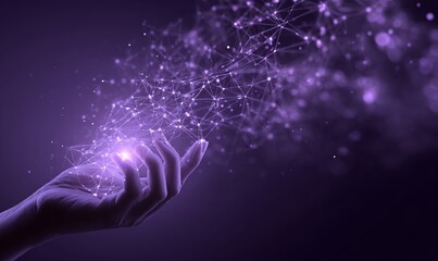 Hand holding a glowing digital technology network and data connection, a futuristic background with a purple color tone for a business concept idea.