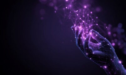 Hand holding a glowing digital technology network and data connection, a futuristic background with a purple color tone for a business concept idea.