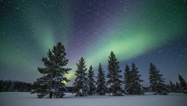 AI-generated night sky with northern lights above snowy pine trees in a silent winter forest