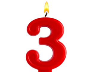 Red number 3 birthday candle with wick on top, isolated on transparent background PNG
