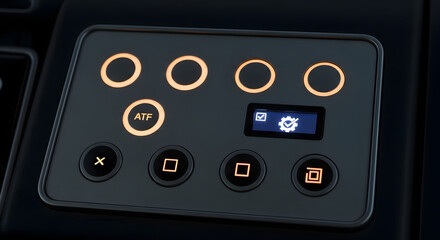 Modern dark control panel with illuminated orange buttons and a blue digital display showing a settings icon. Concept of user interface and technology.