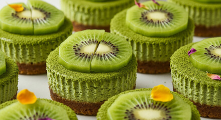Miniature matcha cheesecakes, adorned with fresh kiwi slices and edible flowers.