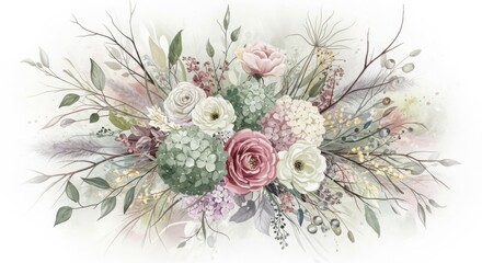Watercolor Floral Bouquet Roses Hydrangeas