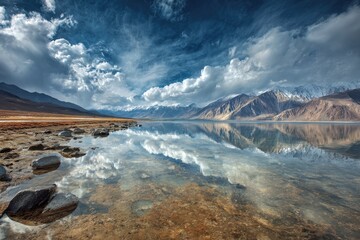 Serene mountain lake reflecting a dramatic sky.