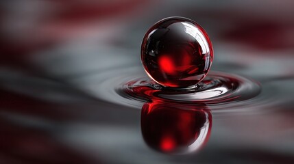 Oval Red Liquid Droplet Floating on Water with Ripples on Dark Background, Hyperrealistic Render for Fluid Dynamics and Abstract Design