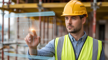 Man in hardhat and safety vest interacting with a digital building plan overlay