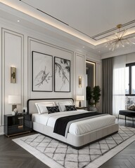 Monochrome luxury bedroom with white bedding, black accents, and modern artwork above the bed