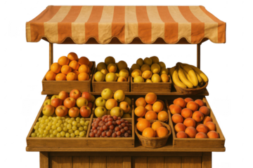 Abundant Fresh Fruit Display Featuring Oranges, Apples, Bananas, Lemons, and Grapes Under a Striped Awning