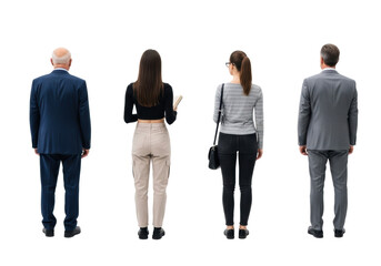 Obraz premium Four diverse caucasian individuals from behind: an elderly man in a dark blue suit, a young woman in a black crop top holding a book, another woman with eyeglasses, and a middle-aged man in a grey