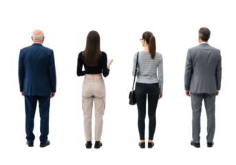 Four diverse caucasian individuals from behind: an elderly man in a dark blue suit, a young woman in a black crop top holding a book, another woman with eyeglasses, and a middle-aged man in a grey