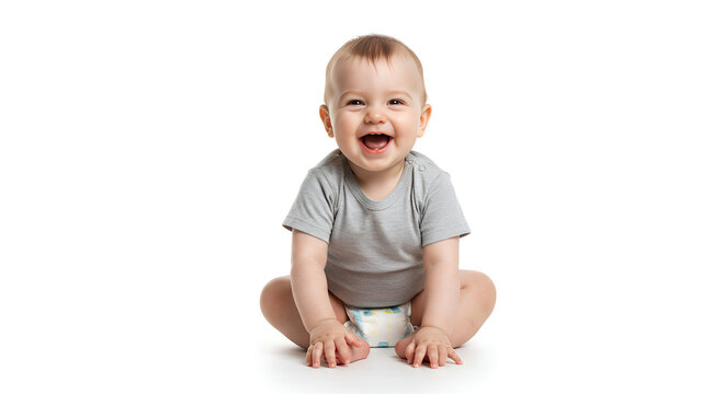 A cute baby sits with a cheerful smile, wearing a gray shirt, against a white background. Her expression is happy and innocent.