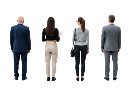 Four diverse caucasian individuals from behind: an elderly man in a dark blue suit, a young woman in a black crop top holding a book, another woman with eyeglasses, and a middle-aged man in a grey - Powered by Adobe