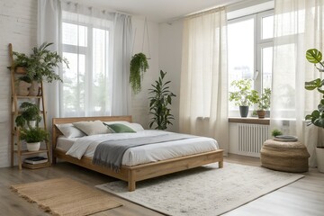 Scandinavian-inspired bedroom featuring a wooden platform bed, light linen curtains, and indoor plants