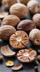 Fototapeta premium A group of nuts with one cut in half