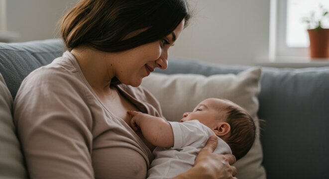 Mother bonding with baby in cozy living room intimate family moment soft natural light emotional connection