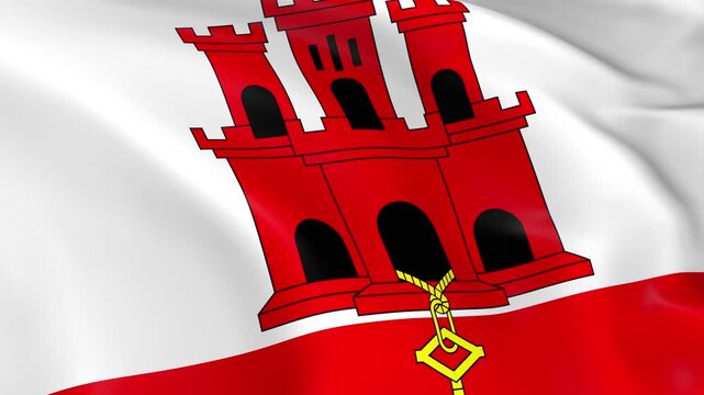 Photo realistic slow motion 4KHD flag of the Gibraltar waving in the wind.  Seamless loop animation with highly detailed fabric texture in 4K resolution.