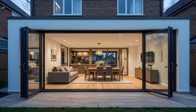 Stunning photo of modern house extension with large glass doors. Open plan living area with sofa, dining table, wooden flooring visible through doors. Exterior of brick house