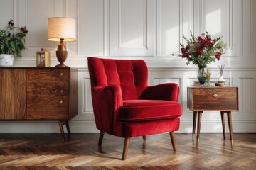 Red velvet armchair in a stylish room