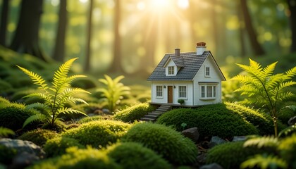 Miniature white house on a lush moss-covered landscape surrounded by ferns with radiant morning sunlight, symbolizing eco-living, sustainability, home investment, and green property concepts