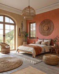 Warm modern bedroom with terracotta-colored walls, rattan accents, and floor cushions