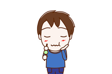 （上半身正面）三色団子を美味しく堪能し味わう少年