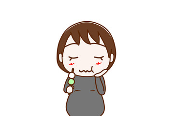 （上半身正面）三色団子を美味しく堪能し味わう妊婦