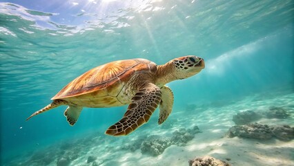 Obraz premium Majestic sea turtle glides gracefully through sunlit tropical ocean waters