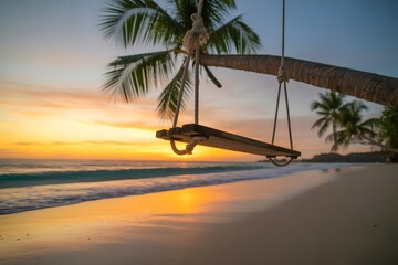 Serene Sunset Swing: A solitary swing hangs beneath a leaning palm tree, overlooking a tranquil beach, as the sun dips below the horizon.