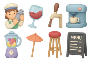 Charming cafe elements in 3d cartoon style: barista, wine, coffee machine, blender, menu