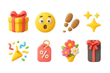 Colorful 3d emoji and gift icons for celebrations and decorations