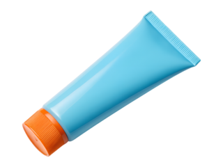 An isolated light blue tube with an orange cap lies angled, perfect for lotion or cream product branding. This is a transparent plain png.