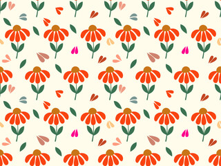 Seamless autumn leaves and red tulips pattern vector design for seasonal floral decoration Exotic hand drawn flowers seamless pattern. Floral for fabric, textile, clothing, wrapping paper, covers
