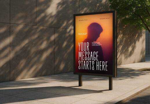 Urban Poster Mockup &ndash; Outdoor Advertising Frame with Sunset Shadow and Tree Light Play