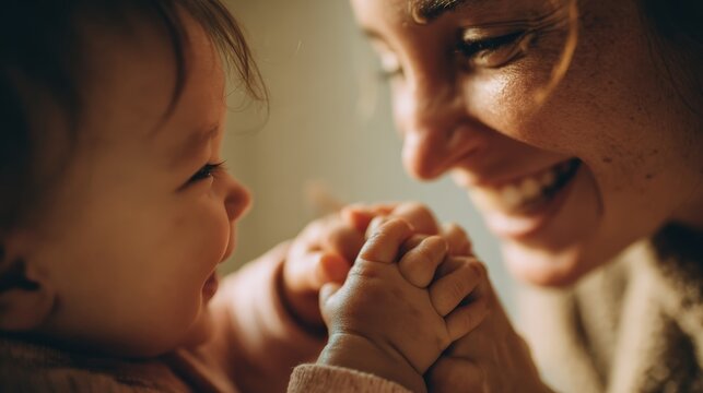 close-up of the nanny gently holding the child hands as they laugh together, shallow depth of field, authentic and warm
