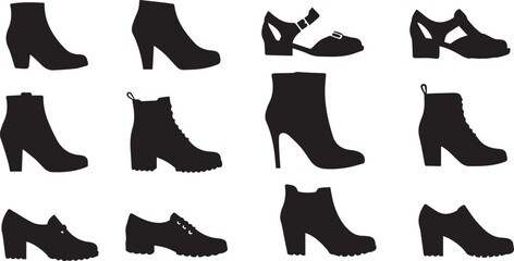 Collection of Black Shoe Silhouettes on White Background footwear boot