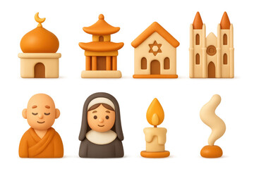 Diverse religious symbols and figures in 3d cartoon style