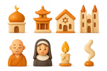 Diverse religious symbols and figures in 3d cartoon style