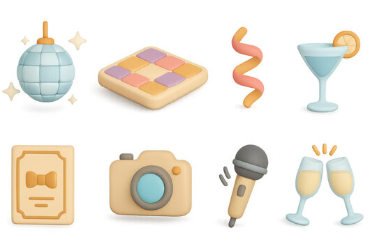 3d icon set: disco ball, cocktail, and celebration elements