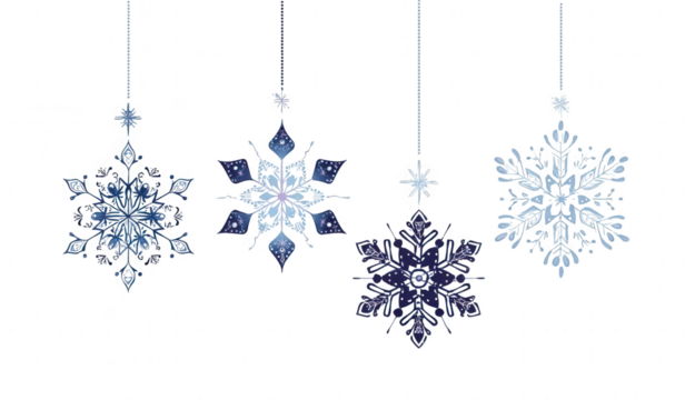 Five intricate snowflake ornaments, varying shades of blue, hanging