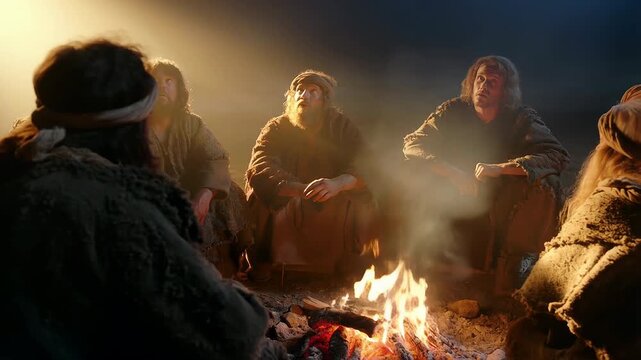 Biblical apostles gathered around a fire in evening light, sharing warmth, stories and spiritual fellowship. Scene of ancient devotion, unity and reflection in humble outdoor setting